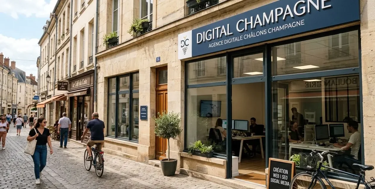 agence-digitale-chalon-en-champagne-facade-dune-agence Agence digitale chalon-en-champagne: façade d’une agence de communication sur une rue pavée, affichage DIGITAL CHAMPAGNE et locaux lumineux.