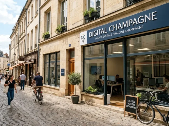 Agence digitale chalon-en-champagne: façade d’une agence de communication sur une rue pavée, affichage DIGITAL CHAMPAGNE et locaux lumineux.