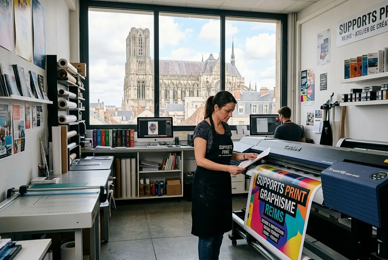 Agence graphisme Reims: une designer examine des supports imprimés près d’un grand imprimante, avec vue sur la cathédrale en arrière-plan.