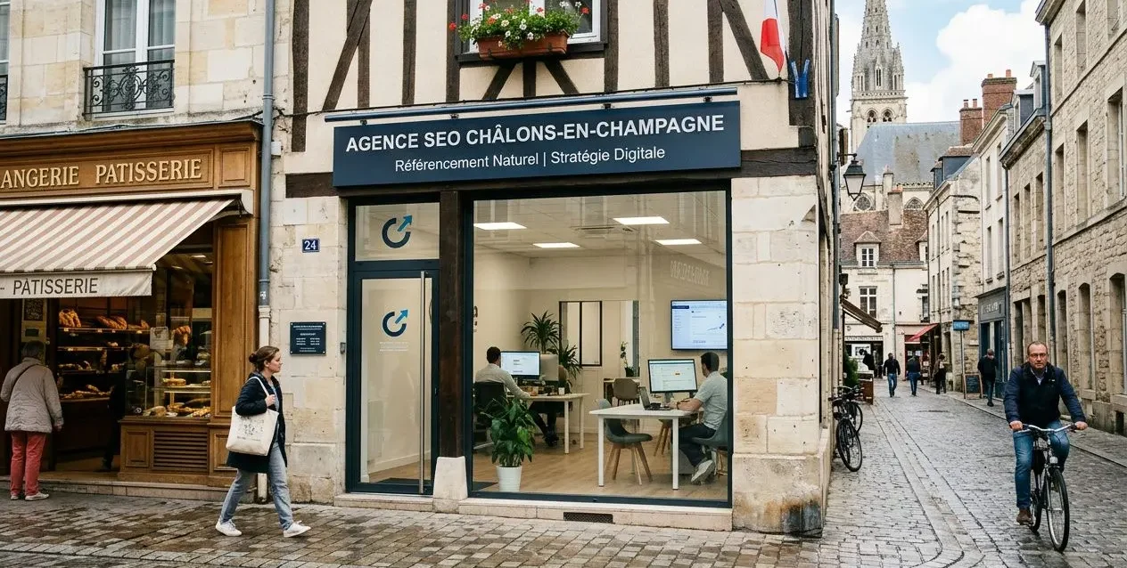 Agence seo Châlons-en-Champagne: façade d'une agence au signage bleu, clients et cyclists dans une rue pavée centrée sur le référencement naturel et stratégie digitale.