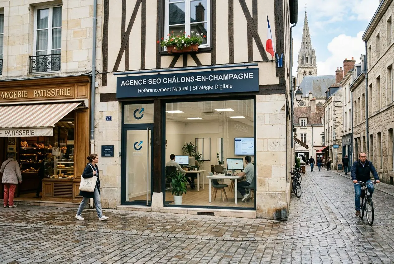 Agence seo Châlons-en-Champagne: façade d'une agence au signage bleu, clients et cyclists dans une rue pavée centrée sur le référencement naturel et stratégie digitale.