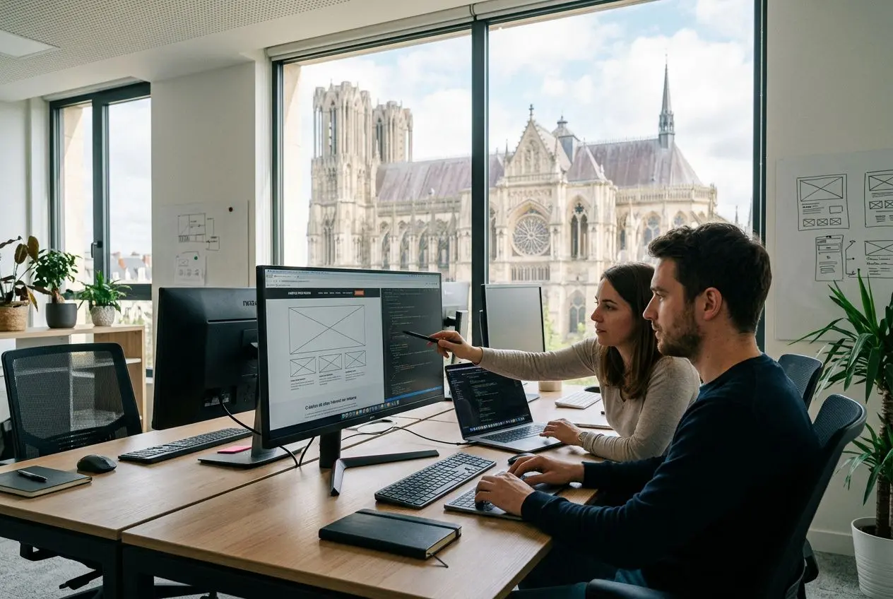 Meilleures agences web à Reims : création de site internet 2 Deux professionnels collaborent sur un projet web dans un bureau lumineux à proximité d'une cathédrale, écran partagé, travail sur maquettes et logiciel. agence site web reims