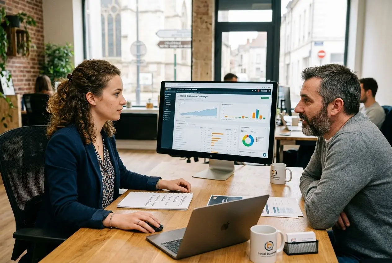 Deux professionnels en réunion devant un écran montrant des graphiques et des charts, ambiance studio ouvert. agence seo chalon-en-champagne integrated subtly.