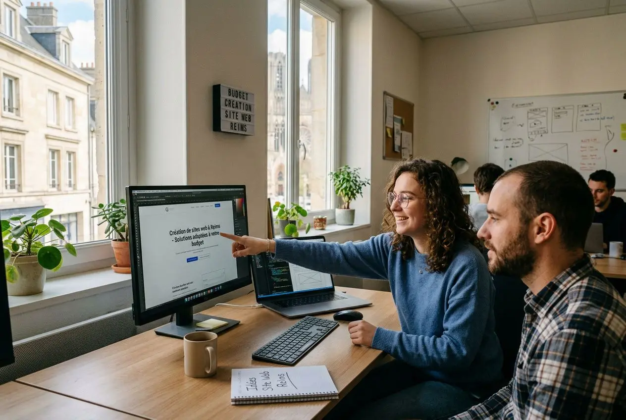Deux professionnels travaillent ensemble devant un écran d’ordinateur, dans un espace de coworking lumineux à Reims. Ils consultent le site web, avec un carnet et une tasse sur le bureau, et semblent discuter d’un projet digital. agence digitale web reims.