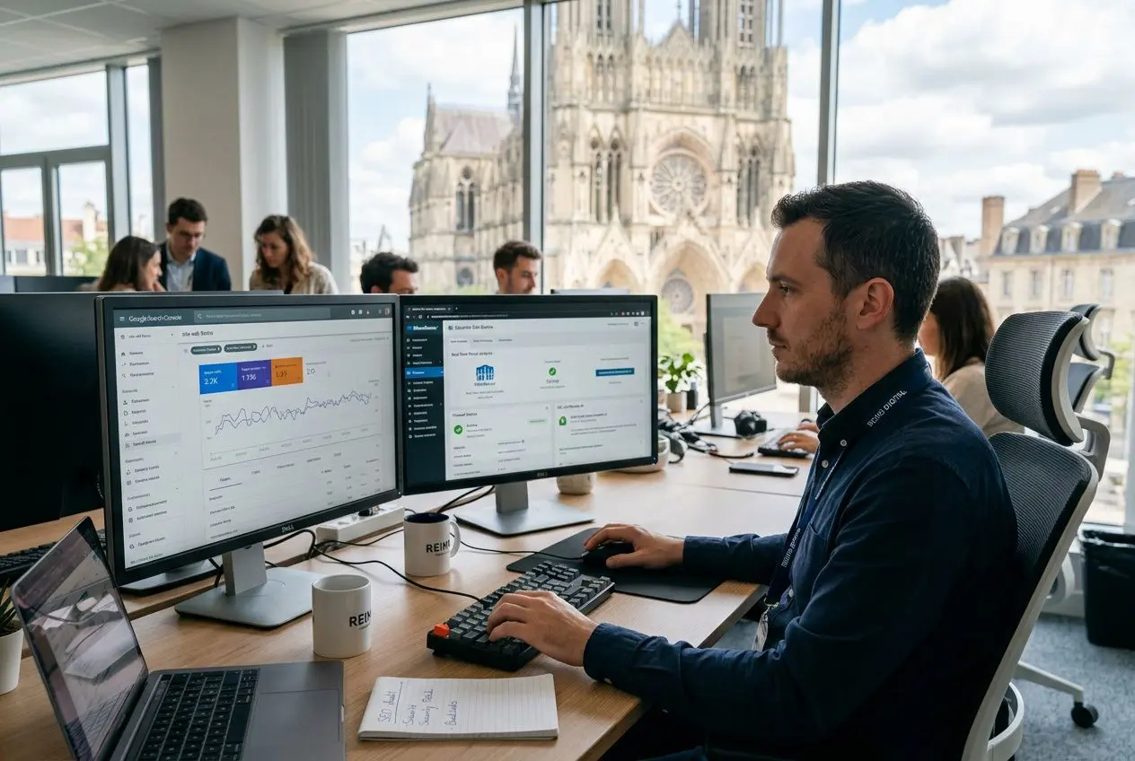 Equipe digitale travaillant sur des écrans avec une vue sur Reims et sa cathédrale, pour un site internet reims professionnel.