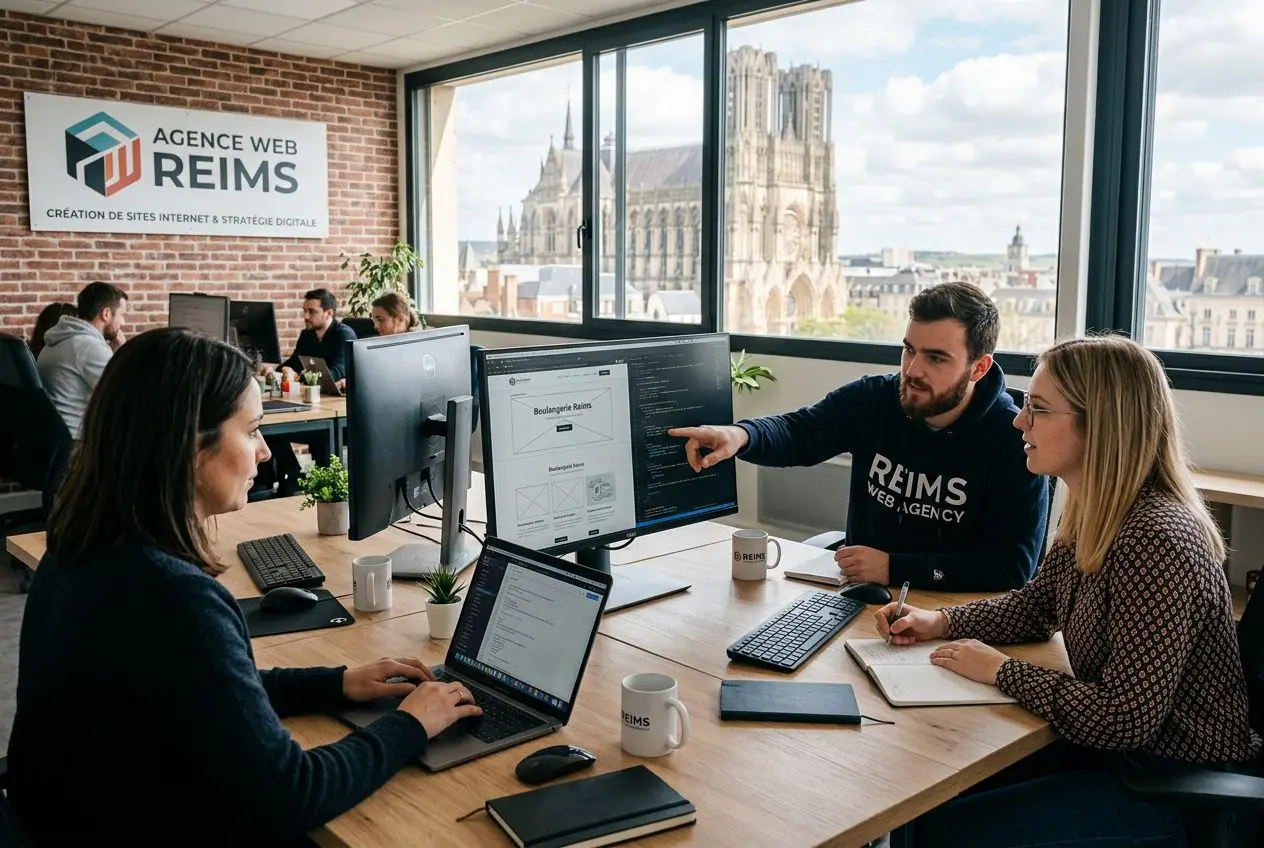 Meilleures agences web à Reims : création de site internet 1 Équipe d’une agence web à Reims travaillant autour d’un poste avec deux moniteurs et un immense écran, logo “REIMS” sur le mur, vue sur des bâtiments gothiques par la fenêtre. Intègre le mot-clé agence site web reims.