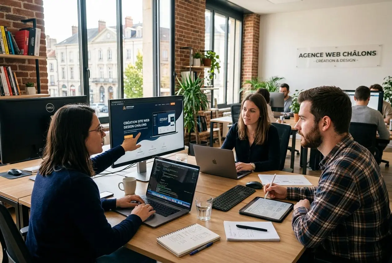 Agence digitale à Châlons-en-Champagne : votre agence communication 2 Équipe d’une agence web travaillant autour d’un ordinateur en écran large, échange et notes sur la table, ambiance coworking à l’agence digitale Châlons.