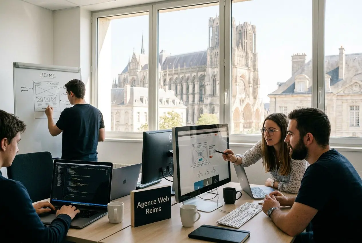Meilleures agences web à Reims : création de site internet 3 Équipe travaillant dans une agence site web Reims: trois personnes autour d’un bureau avec ordinateurs, tableau blanc et vue sur Reims.