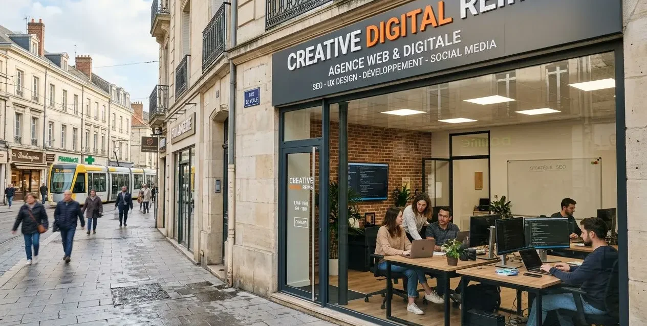 Facade d’une agence digitale à Reims avec équipe au travail à l’intérieur et vitrine affichant “Creative Digital Reims” pour agence digitale web Reims.