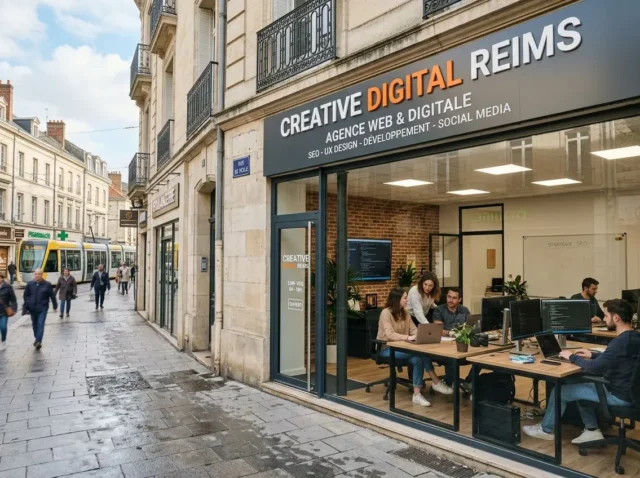 Facade d’une agence digitale à Reims avec équipe au travail à l’intérieur et vitrine affichant “Creative Digital Reims” pour agence digitale web Reims.