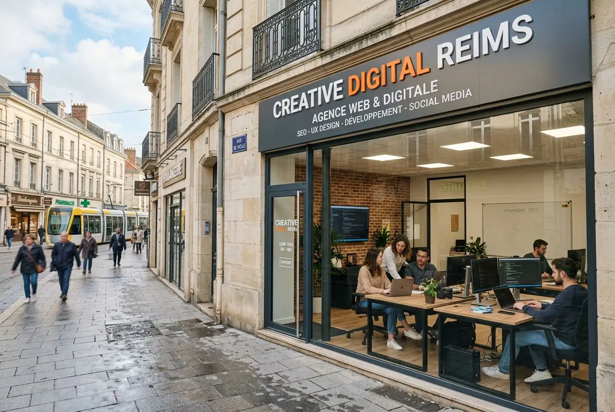 Facade d’une agence digitale à Reims avec équipe au travail à l’intérieur et vitrine affichant “Creative Digital Reims” pour agence digitale web Reims.
