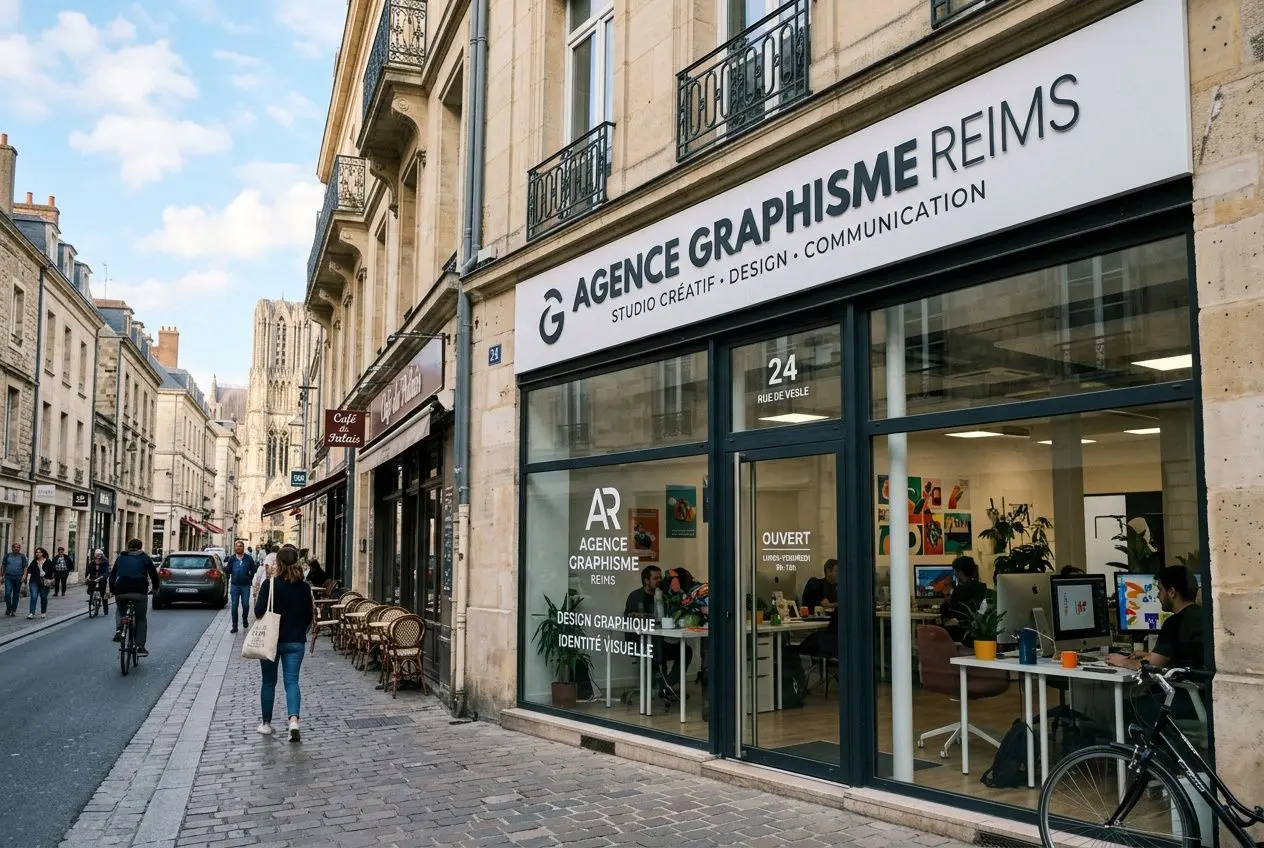 Façade d’une agence graphique à Reims sur une rue pavée, grand nom Agence Graphisme Reims sur la vitrine et des bureaux créatifs visibles à l’intérieur.