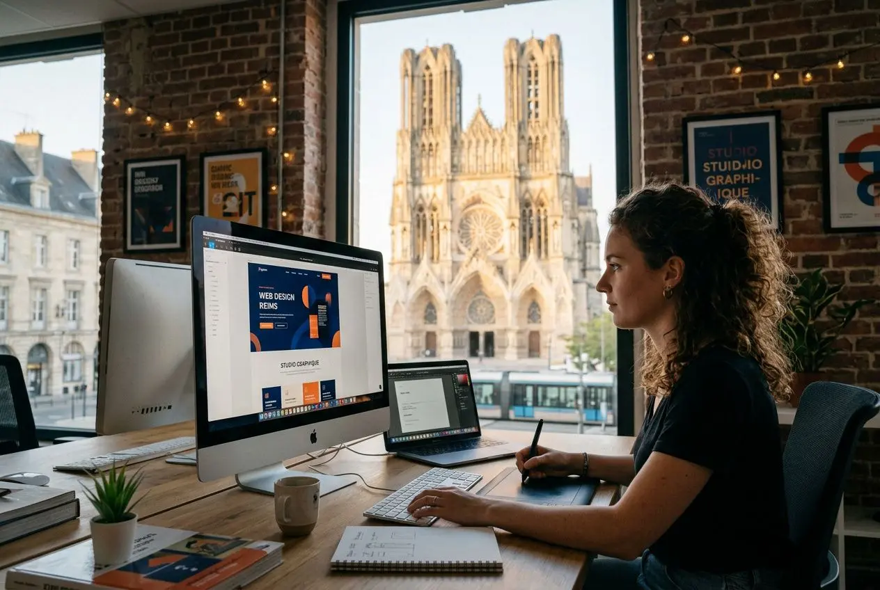 Femme designer travaillant sur un logo et site web sur un écran large, avec ville de Reims visible par la fenêtre et ambiance de studio graphique. Agence graphisme Reims.