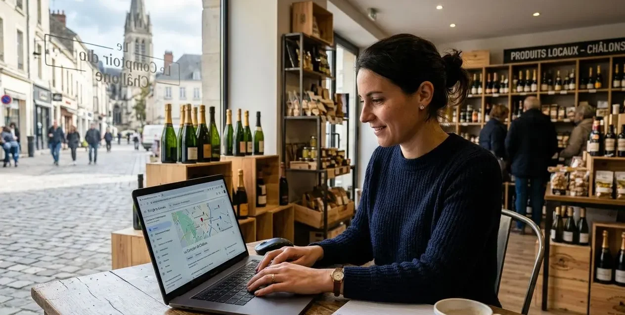 Femme travaillant sur un ordinateur portable dans une boutique locale, dégustant un café, avec étagères de produits et vitrine en arrière-plan. Création site web chalon-en-champagne intégré.
