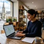 Femme travaillant sur un ordinateur portable dans une boutique locale, dégustant un café, avec étagères de produits et vitrine en arrière-plan. Création site web chalon-en-champagne intégré.