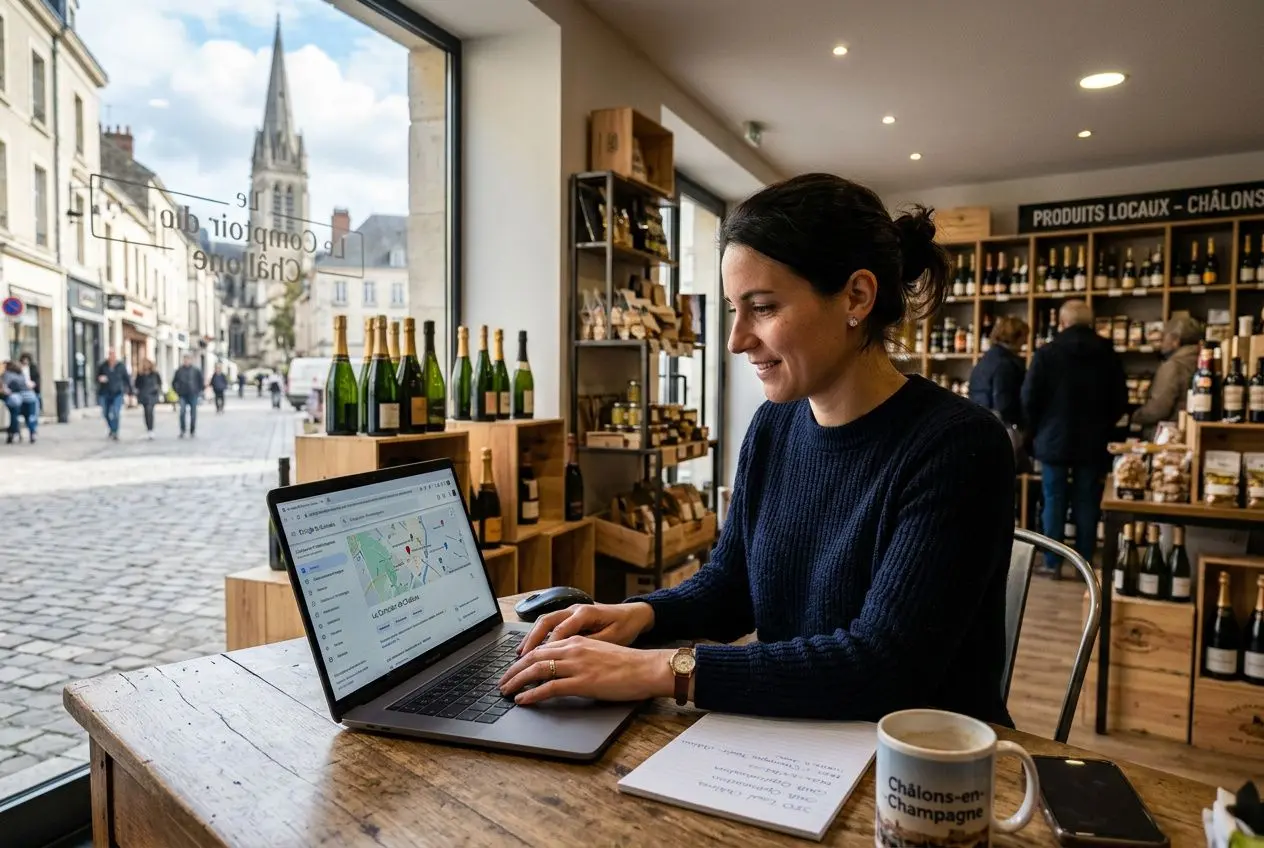 Femme travaillant sur un ordinateur portable dans une boutique locale, dégustant un café, avec étagères de produits et vitrine en arrière-plan. Création site web chalon-en-champagne intégré.