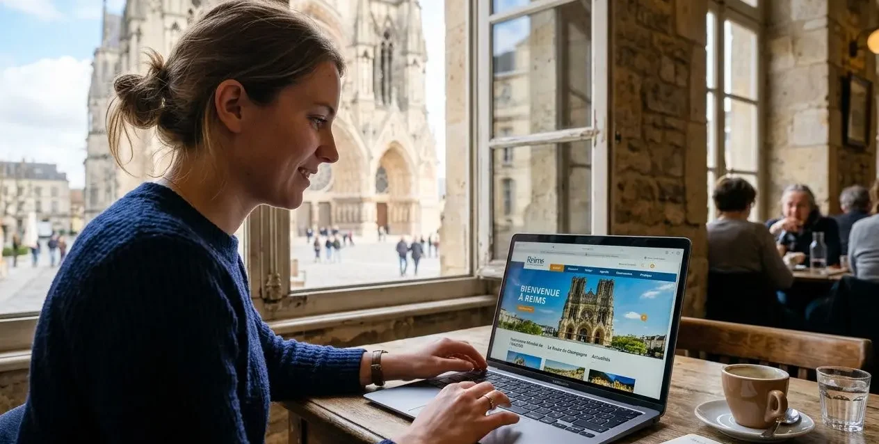 Femme travaillant sur un site internet Reims sur son ordinateur portable dans un café, avec une cathédrale en arrière-plan. site internet reims.