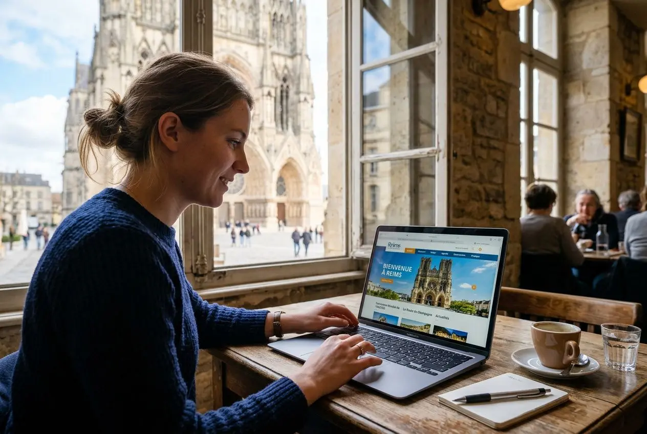 Femme travaillant sur un site internet Reims sur son ordinateur portable dans un café, avec une cathédrale en arrière-plan. site internet reims.