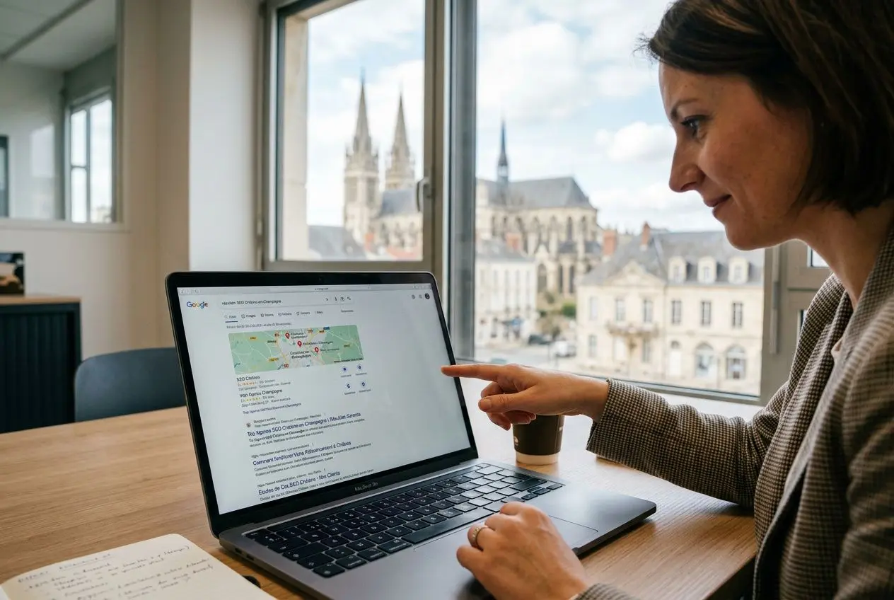 Une professionnelle consulte les résultats de recherche sur un ordinateur portable dans un bureau lumineux, montrant une carte et des résultats Google, logo visible.agence seo chalon-en-champagne