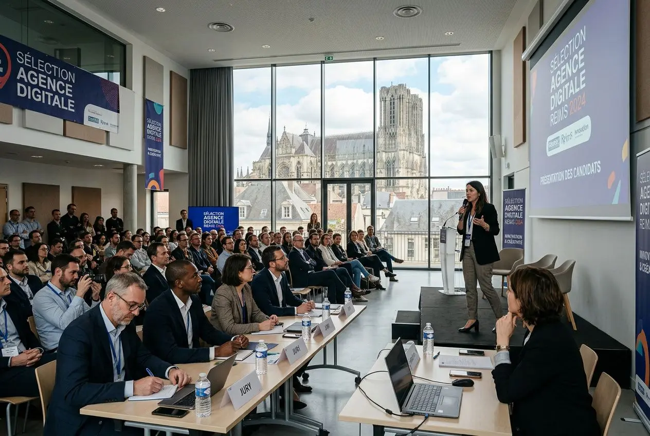 Agence de communication digitale reims : comparatif 2026 2 Salle de conférence dynamique sur le thème des agences digitales, avec une intervenante en train de présenter devant un public lors d’un événement “Sélection Agence Digitale” à Reims. Agence de communication digitale reims intégrée naturellement.