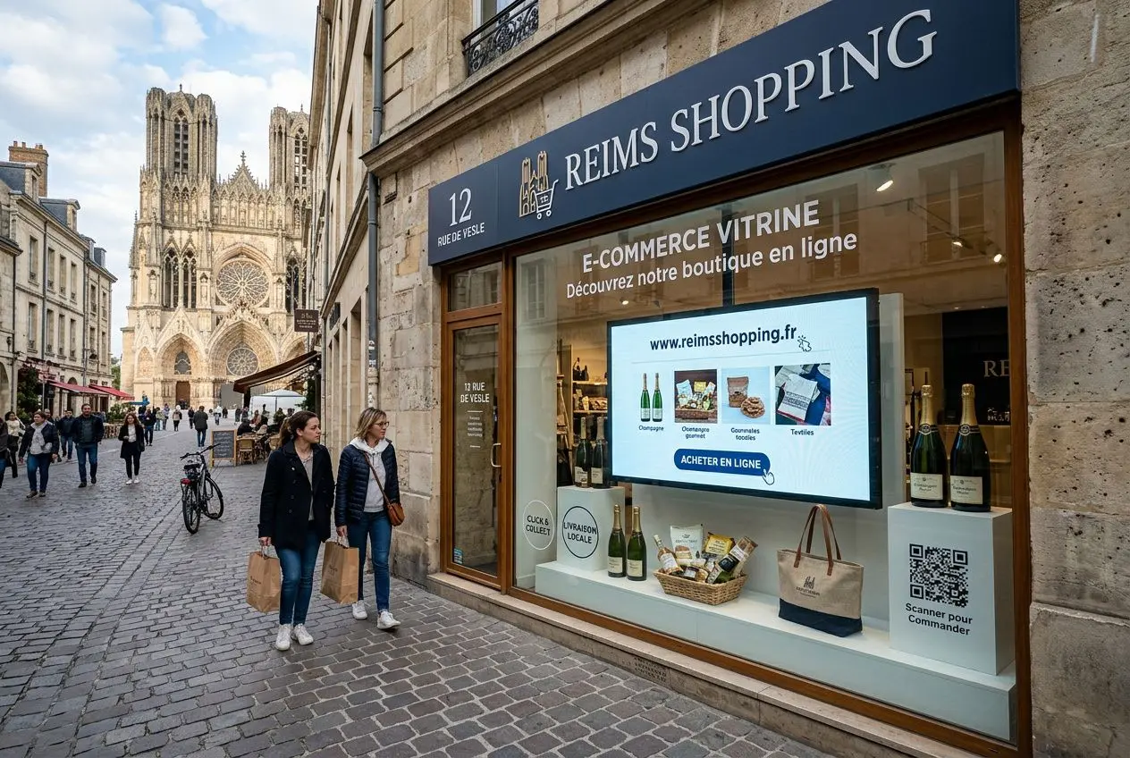 Vitrine d’un magasin de shopping à Reims avec enseigne Reims Shopping et écran display affichant une boutique en ligne, dans une rue pavée. site internet reims