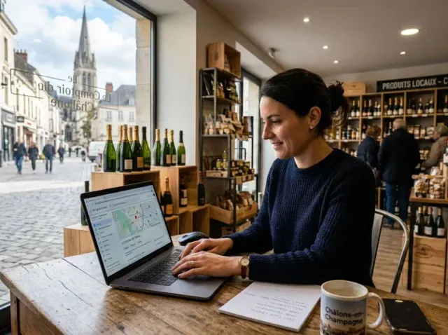 Femme travaillant sur un ordinateur portable dans une boutique locale, dégustant un café, avec étagères de produits et vitrine en arrière-plan. Création site web chalon-en-champagne intégré.