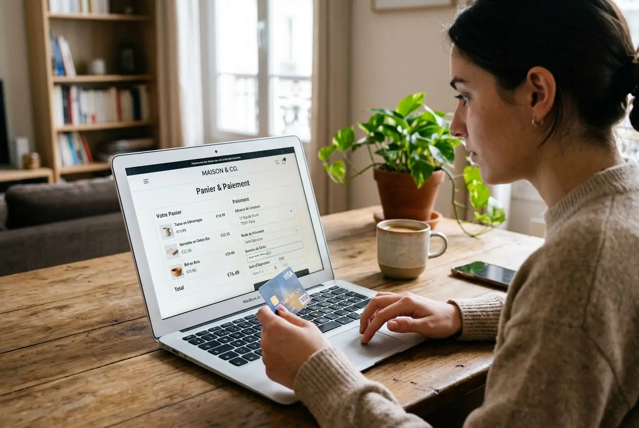Création de site e-commerce à Châlons-en-Champagne : agence web 2 Personne utilisant un ordinateur portable pour une création site e-commerce chalon-en-champagne, en train de payer avec une carte bancaire.
